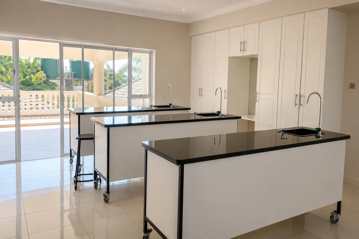 The science laboratory at Privian Academy, benches with gas and water fittings