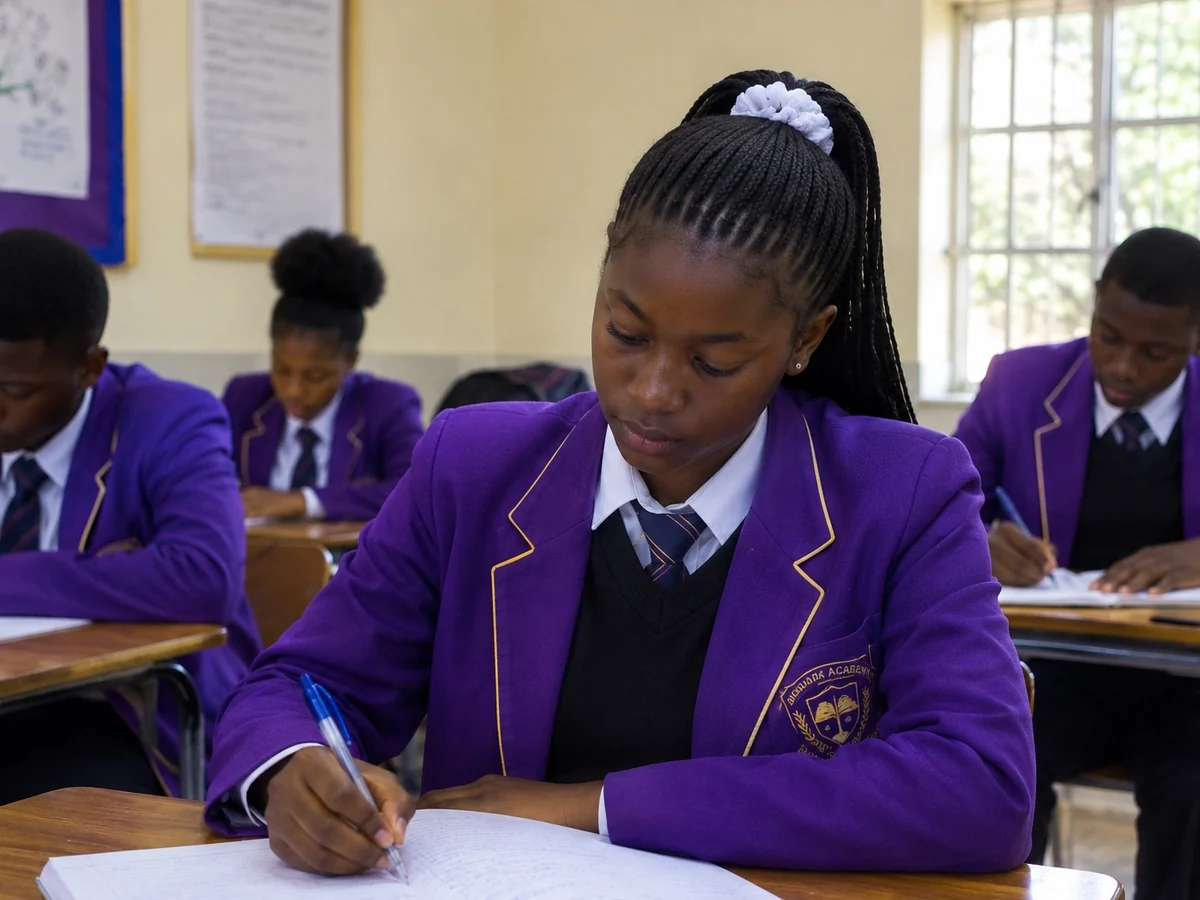 A Privian Academy pupil writing at their desk in a class of pupils in purple blazers