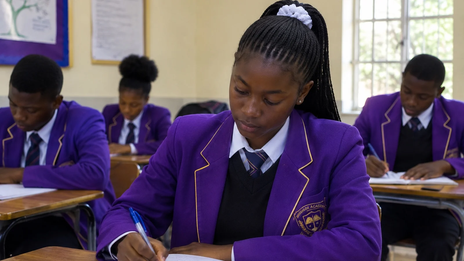 A Privian Academy pupil writing at their desk
