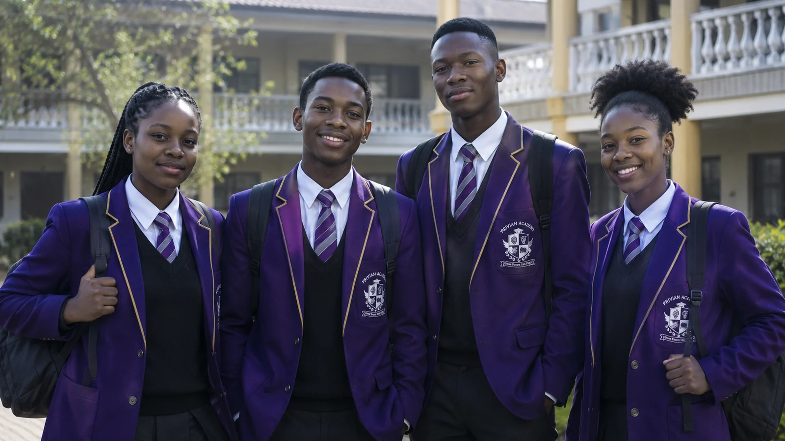 Four Privian Academy pupils in purple blazers outside the school